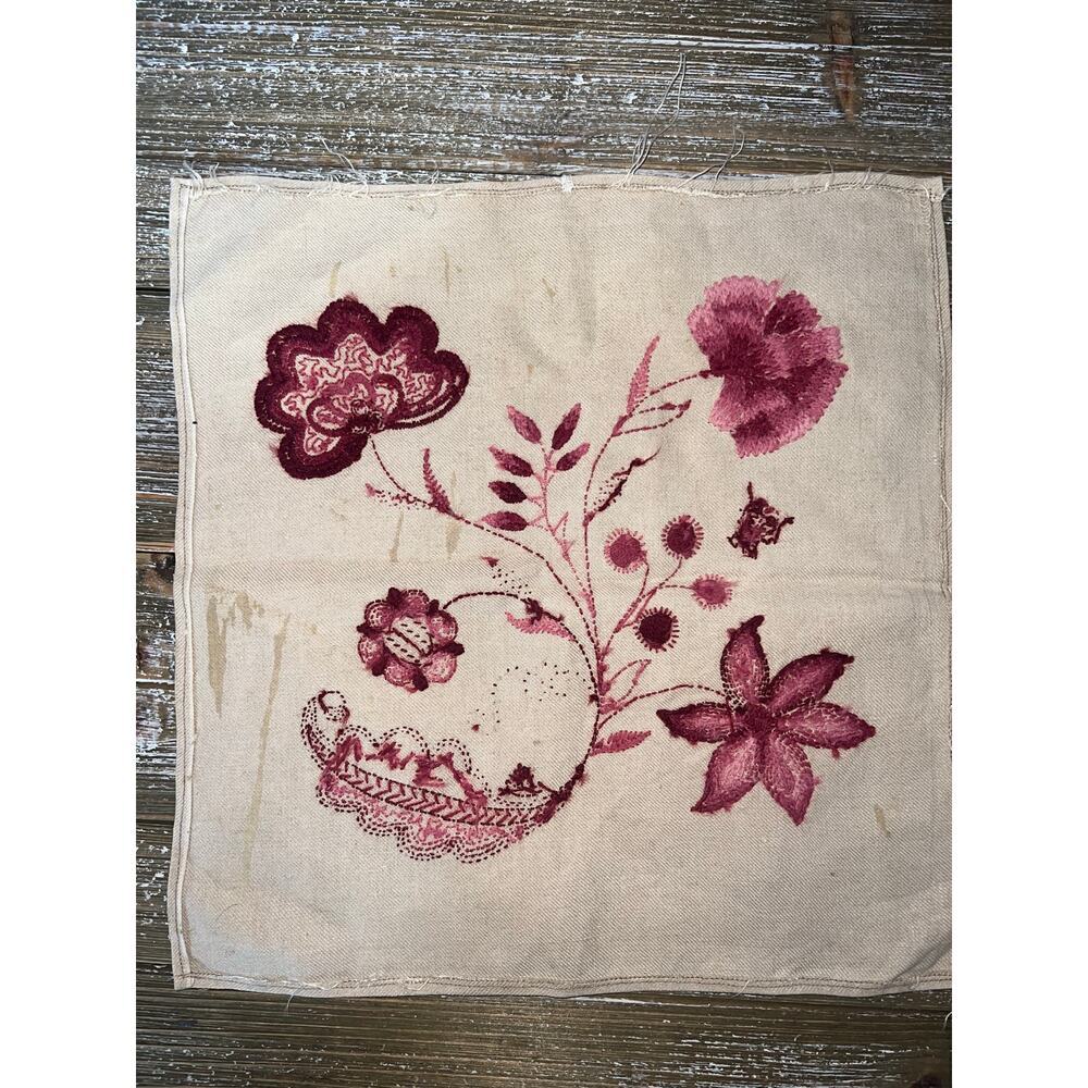 Vintage Embroidery Flowers Ladybug Boho Cottagecore Pink 13x13 Fabric - Picture 6 of 7